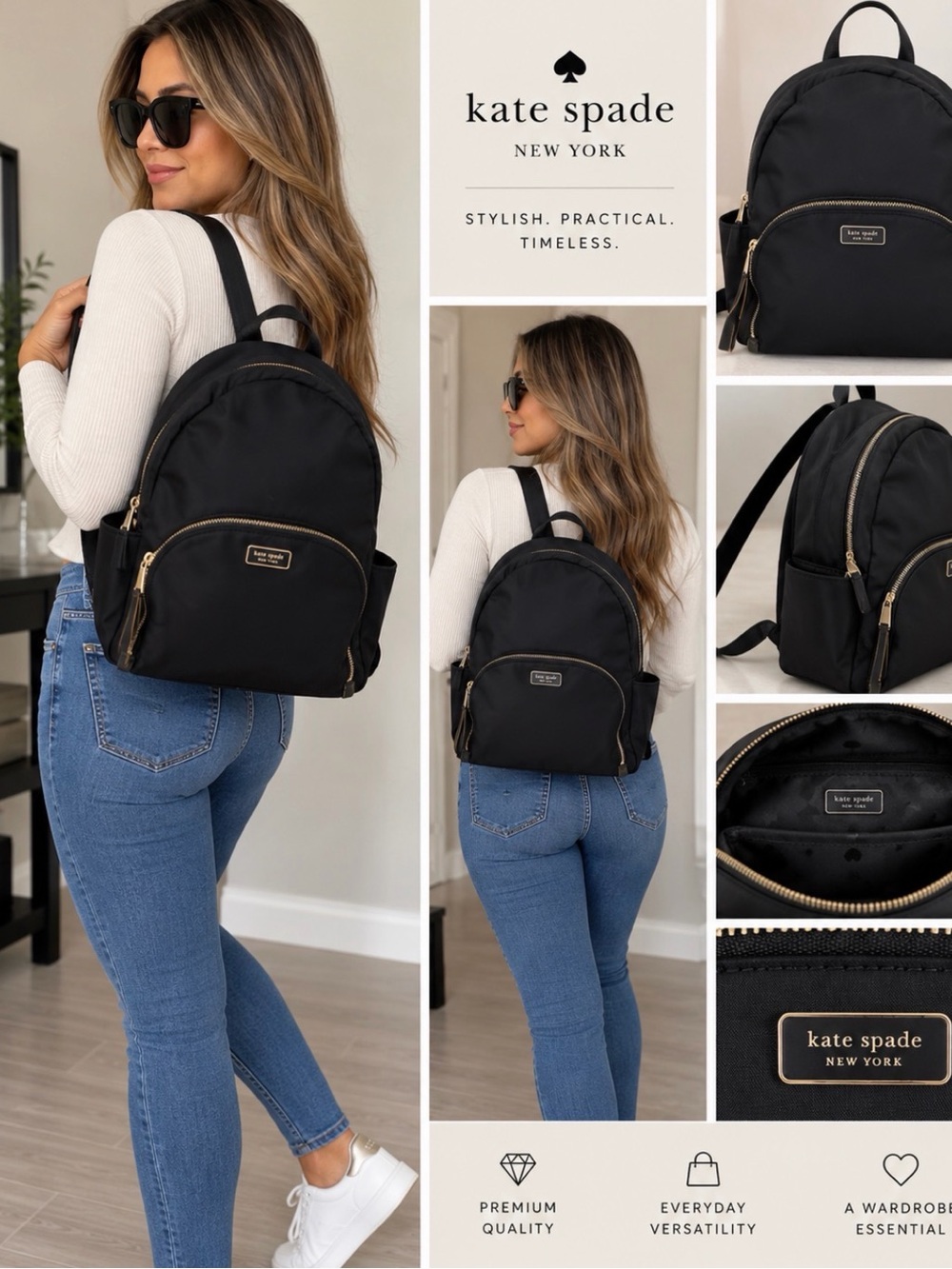 Kate Spade New York Black Nylon Backpack Gold Hardware Women’s Medium Bag